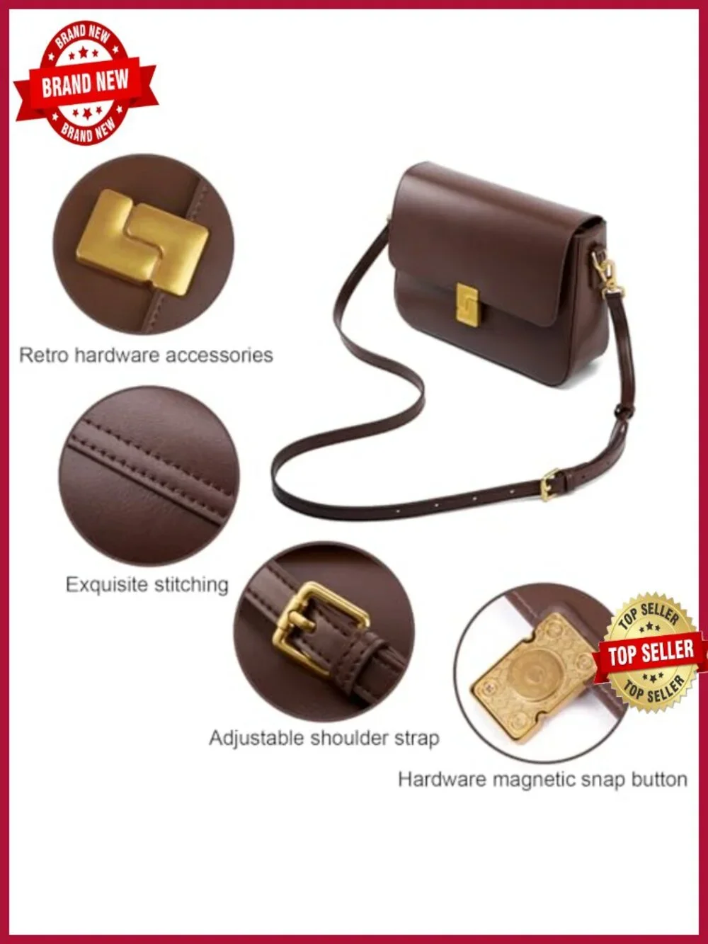 Genuine Leather Crossbody Shoulder Bag with Adjustable Strap, Gold Hardware,